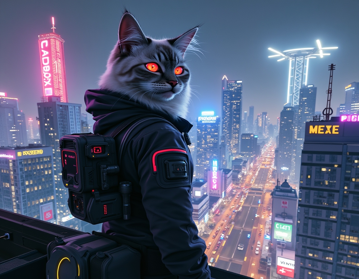 Cat stands on a futuristic skyscraper rooftop, wearing glowing cybernetic goggles. A neon-lit cityscape with flying cars and holograms stretches below.